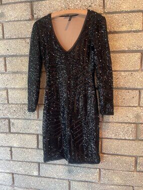BCBG Max Azria Black Sequin Long-Sleeve V-Neck Mini Dress XS